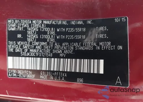 2015 Toyota Sienna Le 7 Passenger z USA, uszkodzony, nr VIN 5TDJK3DC1FS121548